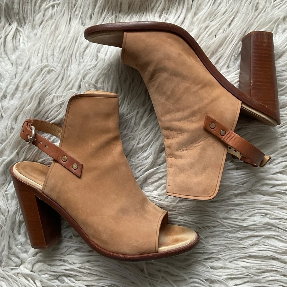 Rag & Bone Wyatt Camel Tan Nubuck Leather Slingback Heeled Sandals EUC Size 39